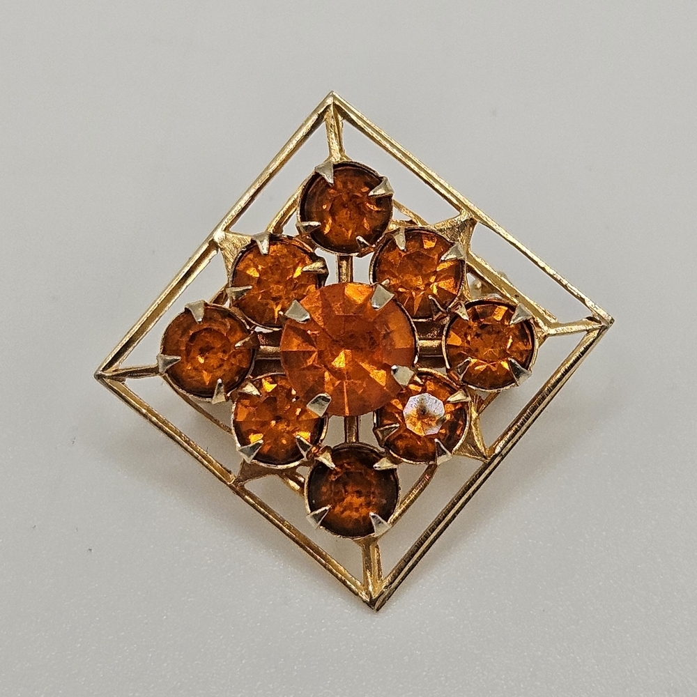 VINTAGE Orange Glass Rhinestone Gold Tone Small Scatter Brooch Pin
